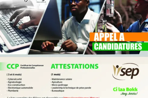 opportunité de formation professionnelle au sénégal : appel à candidatures pour des certificats de compétences professionnelles (ccp) et attestations